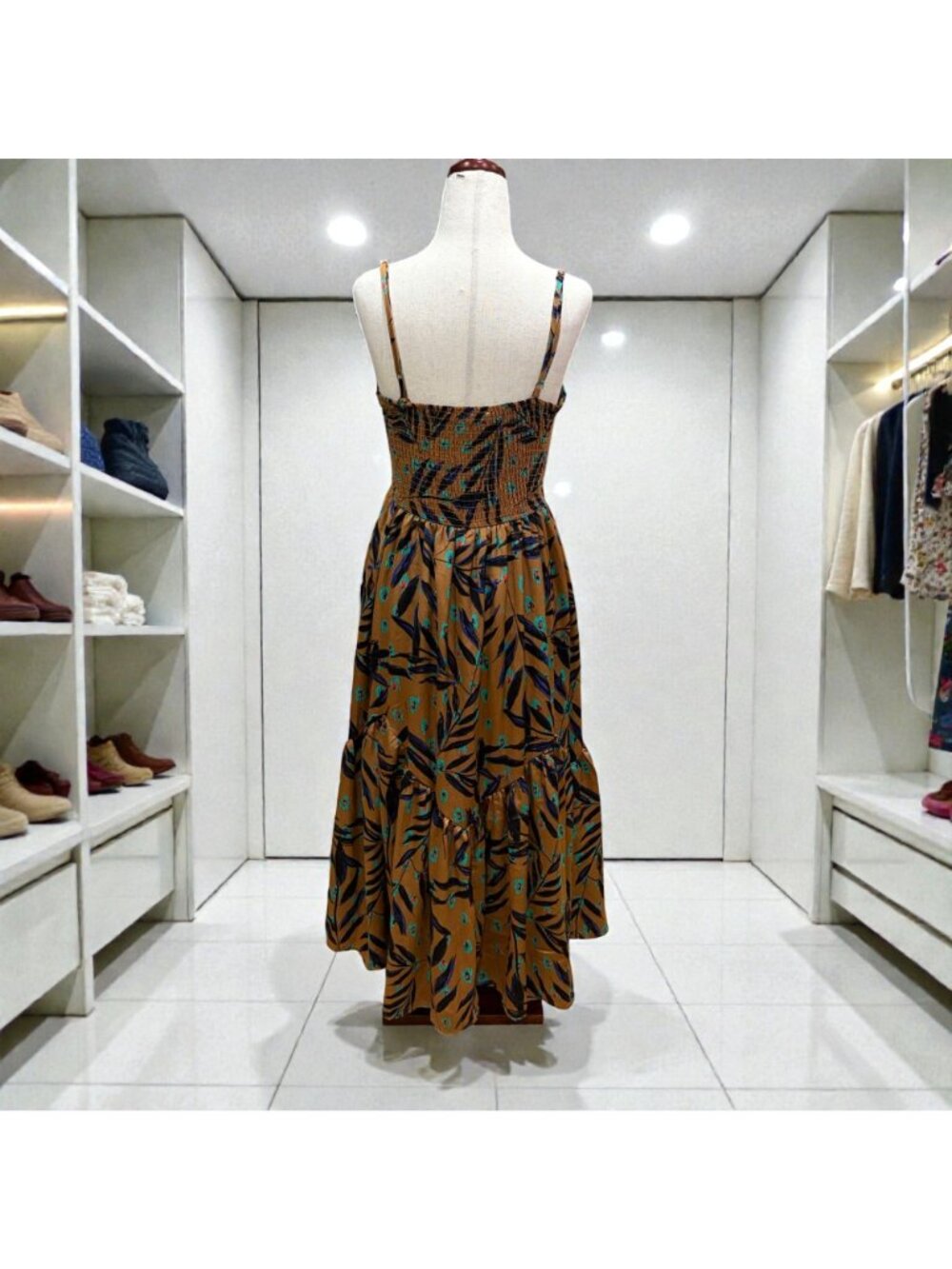 THML Satin Midi Dress Brown Leaf Print Smocked Back Tiered Strappy Size Medium - Picture 2 of 9